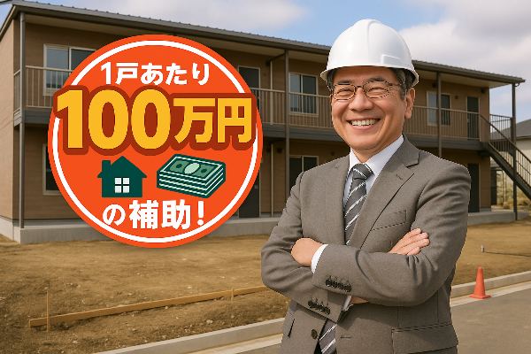 アパートを建設して笑顔の男性ロゴ入り