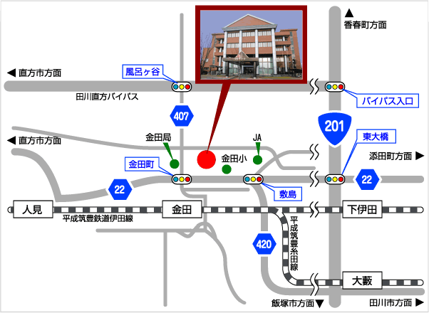 直方市・香春町・添田町・飯塚市・田川市方面から福智町への国道と駅を記した地図